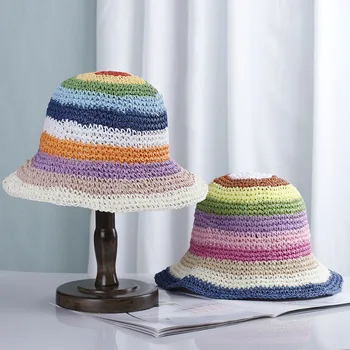 2022 Женские соломенные шляпы с радужным сращиванием, классные панамы, солнцезащитный козырек с защитой от ультрафиолета, пляжные шляпы, женские козырьки, Складная женская шляпа от солнца Изображение