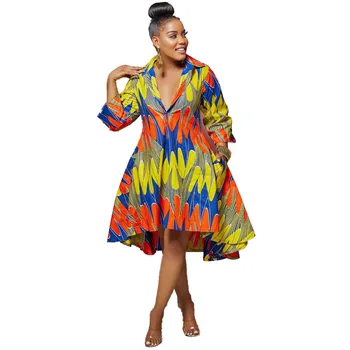 2022 Летние Сексуальные африканские женщины с V-образным вырезом, рукавом три четверти, платье длиной до колен с принтом, Африканские платья с принтом, африканская одежда Изображение