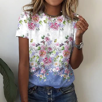 2022 Новая Летняя Женская футболка с розами в стиле Харадзюку, футболка с круглым вырезом, модная рубашка, Топ с короткими рукавами, Простая женская одежда Изображение