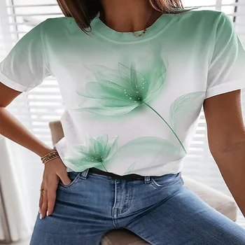 2022 популярная красивая женская футболка с цветочным 3D принтом, свободная футболка с короткими рукавами, женская новая летняя повседневная футболка с Изображение