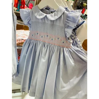 2023 Испанское платье для маленьких девочек, детское Платье с вышивкой ручной работы, Синие платья, Летняя детская одежда, Дизайнерское платье из бутика, платье Изображение