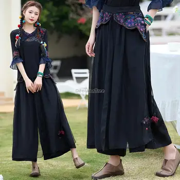 2023 китайский национальный стиль, новые вышитые атласные строчки, широкие брюки на шнуровке, свободные повседневные длинные женские китайские ретро брюки s179 Изображение