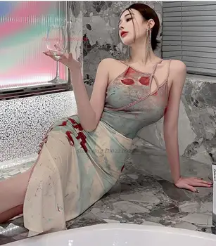 2023 китайское сексуальное платье, улучшенное платье без рукавов с цветочным принтом cheongsam qipao, бандажное вечернее платье для ночного клуба qipao, vestido Изображение