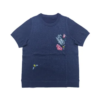 2023 Летняя Новая Дышащая футболка с вышивкой Бабочки и круглым вырезом и короткими рукавами для женщин Изображение
