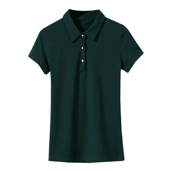 2023 Летняя новая женская футболка с коротким рукавом, модный облегающий однотонный отложной воротник на пуговицах, удобный хлопковый топ Изображение