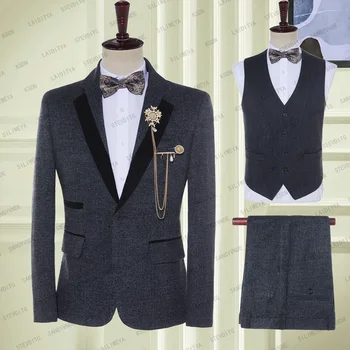 2023 Мужские Высококачественные 3 предмета в комплекте, модные черно-синие мужские деловые костюмы со смешанным буквенным рисунком (куртки + жилет + Брюки) Изображение