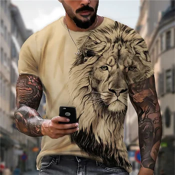 2023 Новая летняя мужская футболка с принтом животного Льва, Модная футболка с коротким рукавом, Уличная спортивная дышащая футболка для фитнеса Для мужчин Изображение