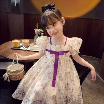 2023 Новое Модное платье Принцессы с пузырчатым рукавом и фрагментированным цветочным рисунком для маленькой девочки, Детское сетчатое красное платье Изображение