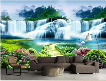 3d обои с фотообоями на заказ, тропа с цветочным кустарником, пейзаж с водопадом, украшение гостиной, 3D фотообои на стену Изображение