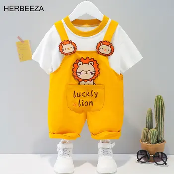 6 Цветов, комплект детской одежды для новорожденного мальчика, комбинезон с рисунком Льва, Летний комбинезон для малышей, мужская одежда, 2 предмета Изображение