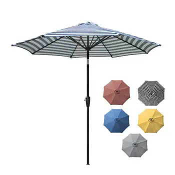 9-футовый открытый алюминиевый зонт для патио, круглый рыночный зонт с кнопкой наклона и рукояткой для защиты от солнца в черно-белую полоску Изображение