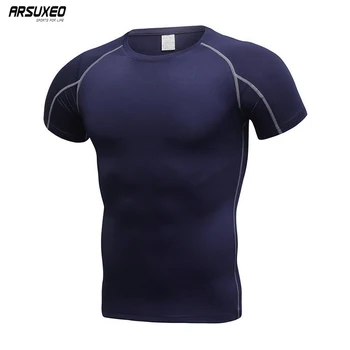ARSUXEO Мужские футболки для бега с коротким рукавом, Спортивная одежда для занятий в тренажерном зале, фитнесом, спортом на открытом воздухе, Обтягивающие топы, Рубашки для бега трусцой, быстросохнущие Изображение