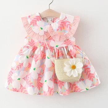babzapleume/ Летнее платье для новорожденных, Модный кукольный воротник с принтом, Милые Пляжные платья Принцессы с цветами + сумка, одежда для маленьких девочек BC2045 Изображение