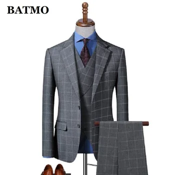 BATMO 2021, новое поступление, высококачественные серые костюмы в клетку, мужские, повседневные костюмы с двумя разрезами, 622 Изображение