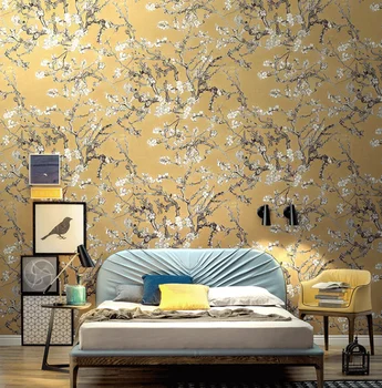 beibehang Обои в скандинавском пасторальном стиле с абрикосовым цветком, желтое золото, американская гостиная, фон для спальни, papel de parede Изображение