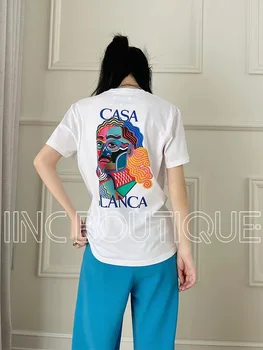 Kaus Katun Pasangan 1:1 Pria Wanita Ukuran Besar Kaus Print Pola Balap Perkotaan Kualitas Tinggi Casablanca Изображение