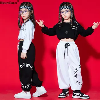 Kpop, детская одежда для танцев в стиле хип-хоп для девочек, черные Укороченные топы, Белые Брюки, современный джазовый сценический костюм, одежда для уличных танцев для девочек Изображение