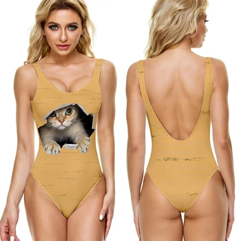 Kwaii Kitty с принтом скрытого Кота, цельный сексуальный купальник, повседневные купальники, пляжная спортивная одежда для плавания, Летняя женская одежда Изображение