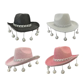 L93F шляпа с блестками, ковбойская шляпа, универсальная шляпа для мужчин, женщин, певцов, комиков Изображение