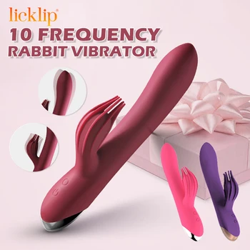LICKLIP 10 Скоростной Мощный Фаллоимитатор с кроликом, Вибратор для стимуляции клитора, Вибратор для точки G, Вибратор для женщин, Массажер для Мастурбации, секс-игрушки Изображение