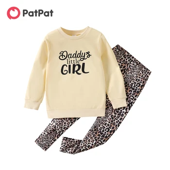 PatPat 2 шт., толстовка с буквенным принтом для Девочек и Комплект леггинсов с леопардовым принтом Изображение