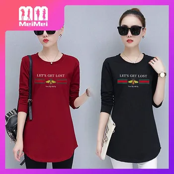 yihua/ новая футболка средней длины, женский топ, свободная нижняя рубашка с длинными рукавами Изображение