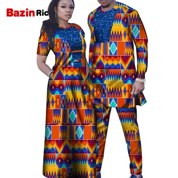 Африканские платья для Женщин, Комплекты мужской рубашки и брюк Bazin, Одежда для Влюбленных Пар, Платье из Пряжи с Принтом, Одежда Африканского Дизайна WYQ286 Изображение