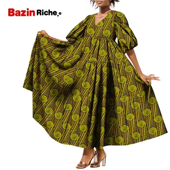 Африканское платье Макси с V образным вырезом, Восковой принт, хлопок с двумя карманами, Летняя Длинная одежда, Свободный стиль, Женские повседневные наряды WY10086 Изображение