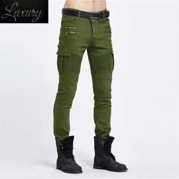 Байкерские джинсы в стиле панк с карманом-карго, обтягивающие мужские брюки известного бренда, мужская дизайнерская одежда, джинсовые брюки на молнии, зеленый, черный Изображение