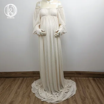 Бежевое шифоновое платье для беременных с длинными рукавами Don & Judy, вечернее платье с открытыми плечами для фотосессии, платье для выпускного вечера Изображение