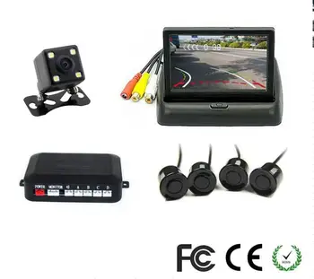 Беспроводной видео-парковочный радар, комплект из 4 датчиков, 4,3-дюймовый автомобильный монитор заднего вида + светодиодная автомобильная камера заднего вида, система помощи при парковке Изображение