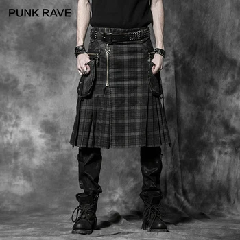 Брюки В стиле панк-рейв, панк-рок, мужские модные Брюки-карго, Шотландские килты с клетчатым рисунком, Длинные полуботинки Изображение