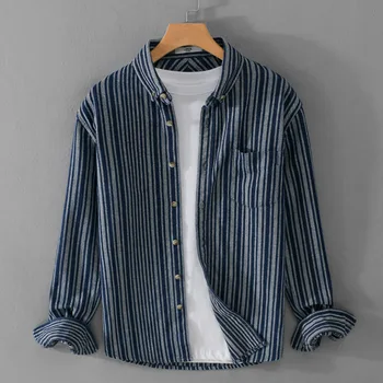 Весенняя модная мужская винтажная классическая рубашка в полоску, Деловая Повседневная одежда с длинным рукавом, Простые блузки свободного кроя, красивые джинсовые топы Изображение