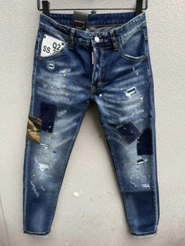 Весна/Лето 2023, Новые джинсы, модный мужской синий принт, модная заплатка для стирки, слегка эластичные облегающие брюки Изображение
