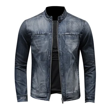 Высококачественная джинсовая куртка с воротником-стойкой, Мужская Демисезонная Мотоциклетная джинсовая куртка на молнии, Повседневное Байкерское мужское пальто S-3XL Изображение