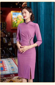 Высококачественная китайская одежда, вечерние платья фиолетового цвета с блестками для вечеринок Cheong-sam Qipao Изображение