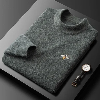 высококачественная мужская футболка Little bee с европейской вышивкой, новый зимний трендовый повседневный свитер с круглым вырезом, утолщенный термальный пуловер Изображение