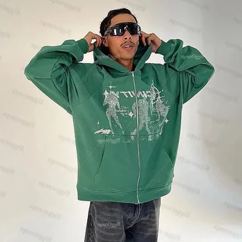 Высококачественная уличная одежда в американском ретро-стиле, Зеленый свитер, толстовка с буквенным принтом, молния, одежда Y2k, толстовки в стиле хип-хоп, Свободное пальто Изображение