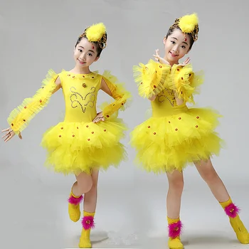 Высококачественные желтые детские танцевальные костюмы с изображением Утки, птицы, цыпленка и животных, детская одежда для выступлений с героями мультфильмов Изображение