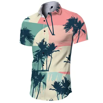 Гавайская рубашка Для мужчин 3xl, Свободные Рубашки, Мужская мода, Пляжная одежда с принтом Пальмы, Топ, Однобортная рубашка с кубинским воротником Изображение