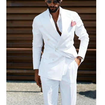 Двубортные мужские костюмы, Белые, приталенные, свадебные для Жениха, 2 предмета, Повседневная мужская модная куртка в стиле Кэжуал со штанами 2023 Изображение