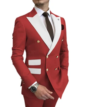 Двубортный белый блейзер с отворотом: Мужской приталенный деловой костюм, смокинг, наряд жениха (комплект из 2 предметов) Изображение