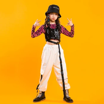 Детская крутая одежда в стиле хип-хоп с блестками, рубашка Lepoard, топы, Уличная одежда, Брюки-карго для девочек и мальчиков, костюмы для джазовых танцев, наряды для шоу Изображение