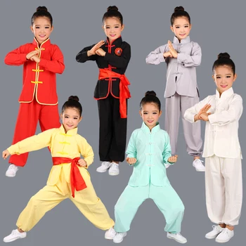 детская мужская и женская Китайская традиционная форма для занятий кунг-фу для мальчиков и девочек, костюм для занятий ушу, комплект одежды для народных выступлений в стиле Тай-чи Изображение