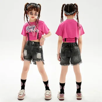 Детская одежда в стиле хип-хоп, Укороченный топ с розовыми рюшами, футболка, Черные Летние Рваные джинсовые шорты для девочек, Танцевальный костюм, одежда Изображение
