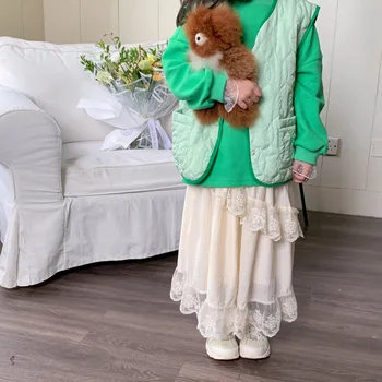Детская одежда, Весенне-Осенняя юбка для девочек, Французская Романтическая Кружевная юбка Милой Принцессы, милое платье до середины икры для маленьких девочек Изображение