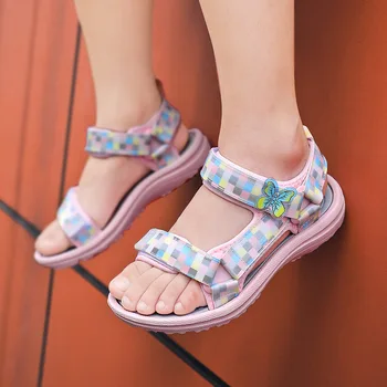Детские сандалии для девочек от 3 до 15 лет, летняя обувь Модная милая нескользящая детская обувь с принтом в виде льняных крючков и петель на плоском каблуке Hw39 Изображение