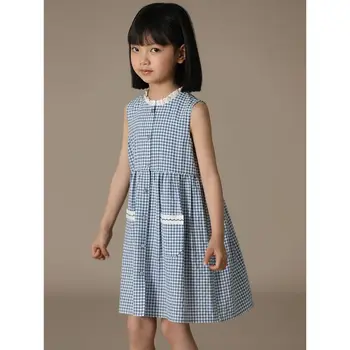 Детское платье для девочек, детские летние клетчатые платья, хлопковое повседневное платье без рукавов с круглым вырезом для детей от 3 до 11 лет Изображение