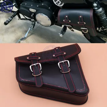 Для Harley Sportster XL 883, 1 шт., черная седельная сумка из искусственной кожи, мотоциклетный багаж, Боковая седельная сумка, Мотоциклетные корзины, Красная линия Изображение