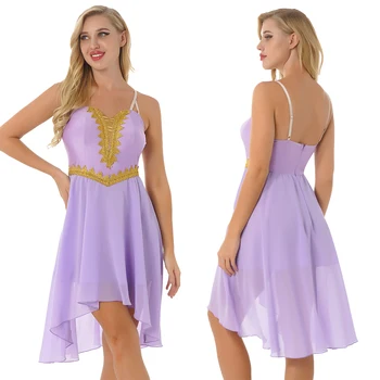 Для женщин, 1 шт., Фиолетовое платье для танцев с блестками на груди, Лирические Регулируемые Бретельки, асимметричный подол, Шифоновая танцевальная одежда для Вечеринок Изображение